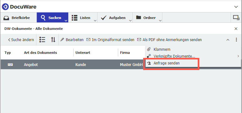 Anfrage senden Funktion Header